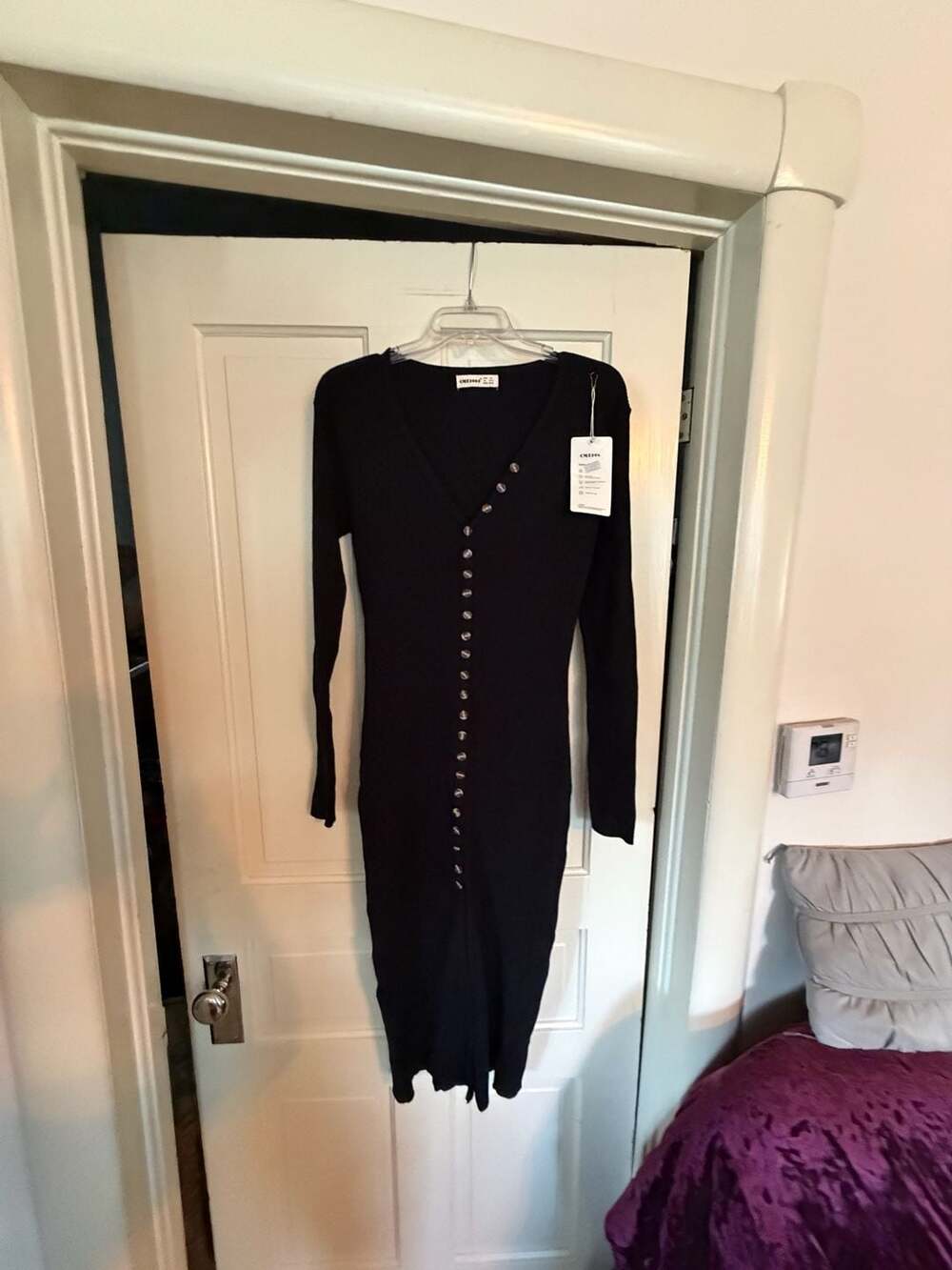 CMZ2005 Black Ribbed Knit Long Sleeve Button-Down Midi Dress